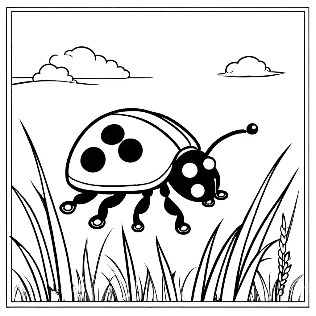 Adorable ladybug sitting on a blade of grass with a bright blue sky in the background coloring page