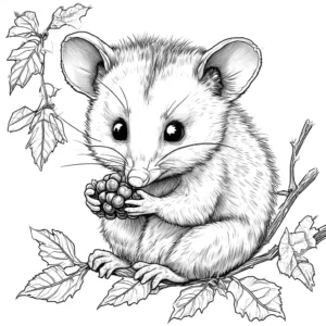 Opossum holding a berry in its paws, surrounded by leaves and branches coloring page