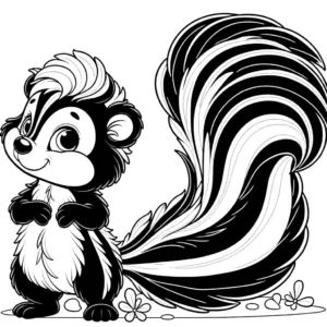 Cute skunk standing on hind legs with fluffy tail coloring page