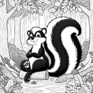 Cute skunk coloring page in forest coloring page