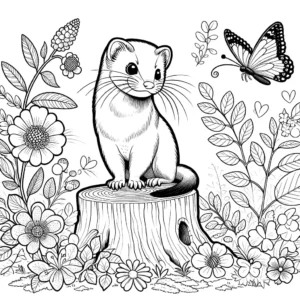 Cute Weasel sitting on a tree stump surrounded by flowers and leaves coloring page
