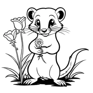 Weasel standing on hind legs holding a flower coloring page