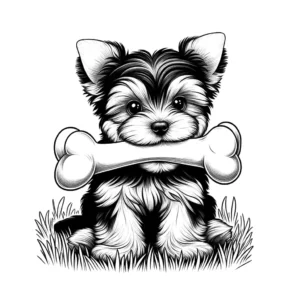 Yorkie puppy sitting on grass with a bone in its mouth coloring page