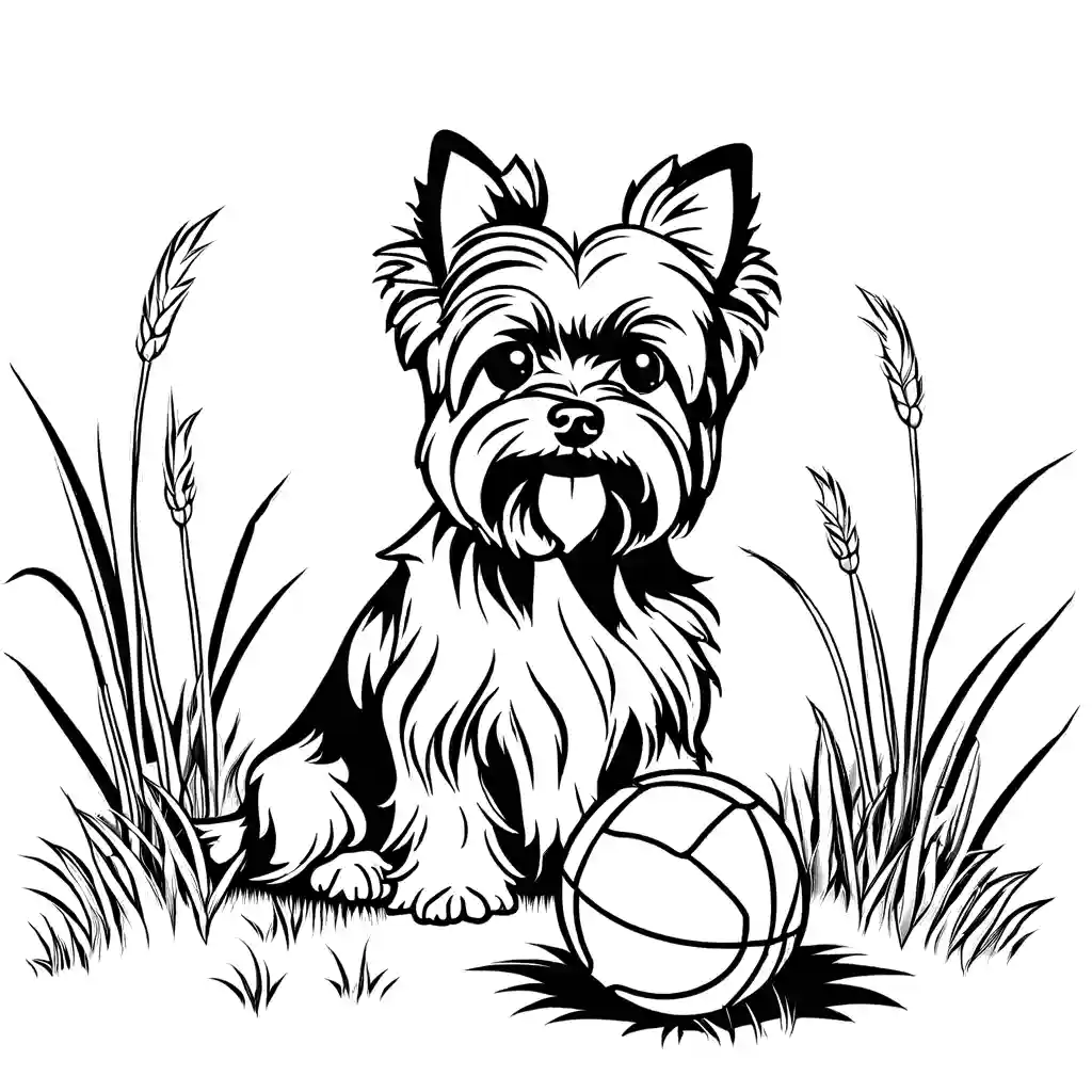 Yorkshire Terrier sitting on grass with a ball coloring page