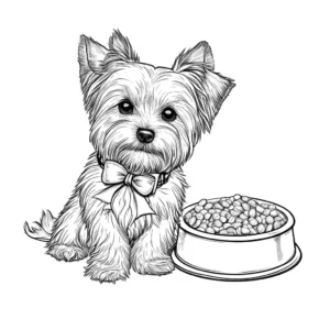 Cheerful Yorkie wearing a collar with a bow sitting next to a food bowl coloring page