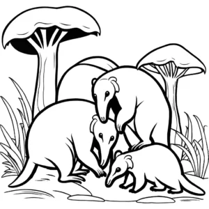 Anteater family with a mother, father, and baby in their habitat coloring page