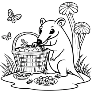 Cheerful anteater having a picnic with a basket full of bugs coloring page