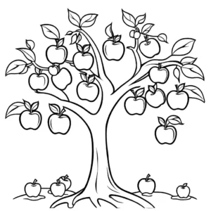 Printable coloring page of an apple tree with apples hanging. coloring page