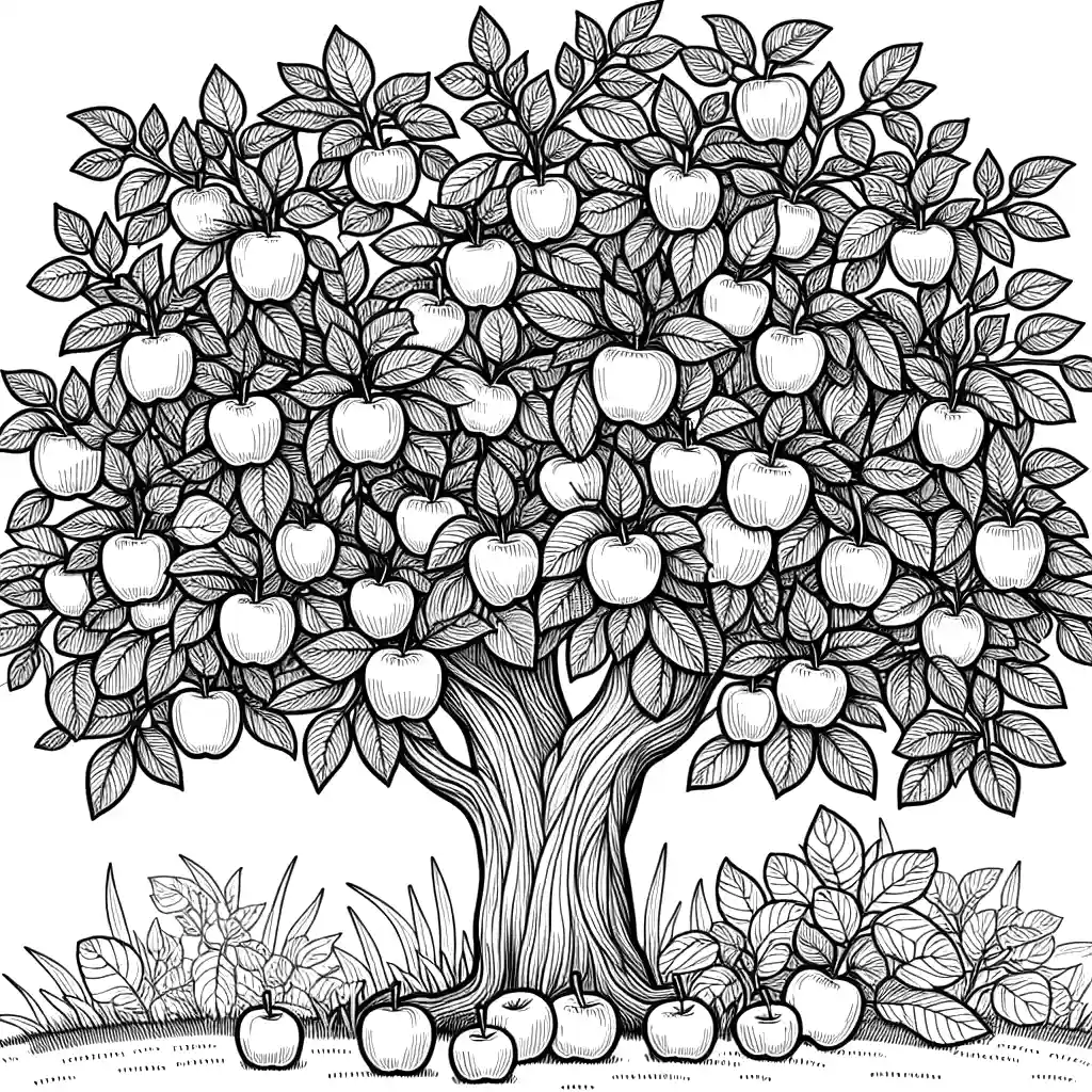 Coloring page of a lush apple tree filled with clusters of apples and detailed leaves, designed for kids. coloring page