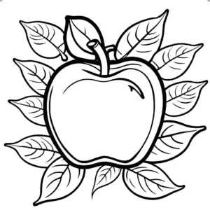 Outline drawing of an apple with fall leaves around it, designed for coloring. coloring page