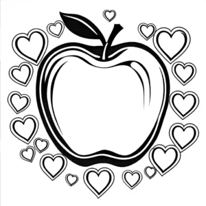 Printable coloring page of an apple with hearts around it. coloring page