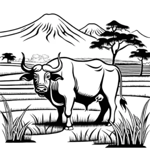 Illustrative line drawing of a water buffalo in a traditional Asian rice field, made for coloring. coloring page