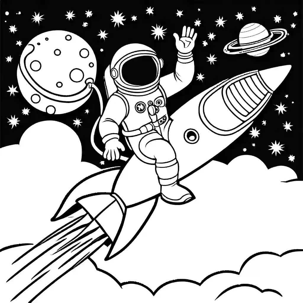 Astronaut riding a rocket in outer space coloring page