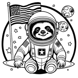 Sloth dressed as an astronaut floating in outer space with a flag coloring page