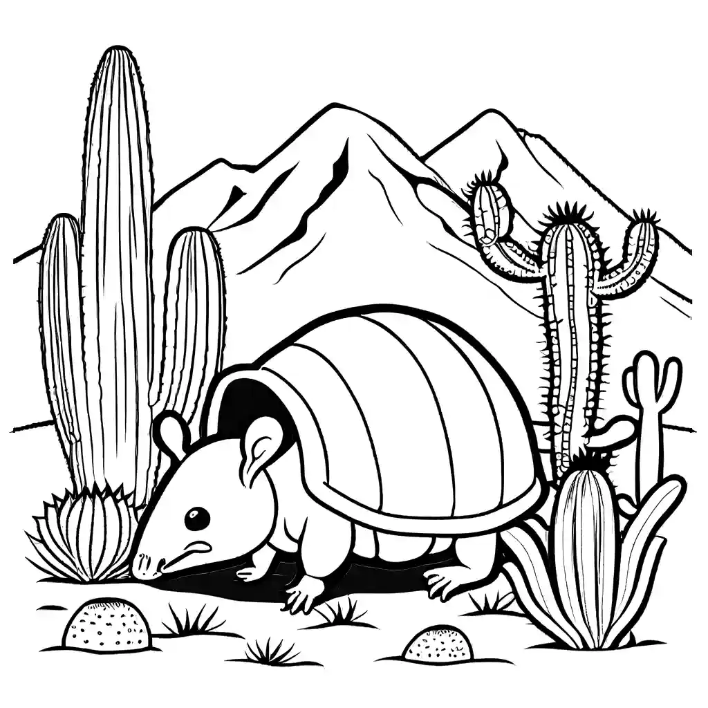 Baby armadillo surrounded by cacti and desert plants coloring page