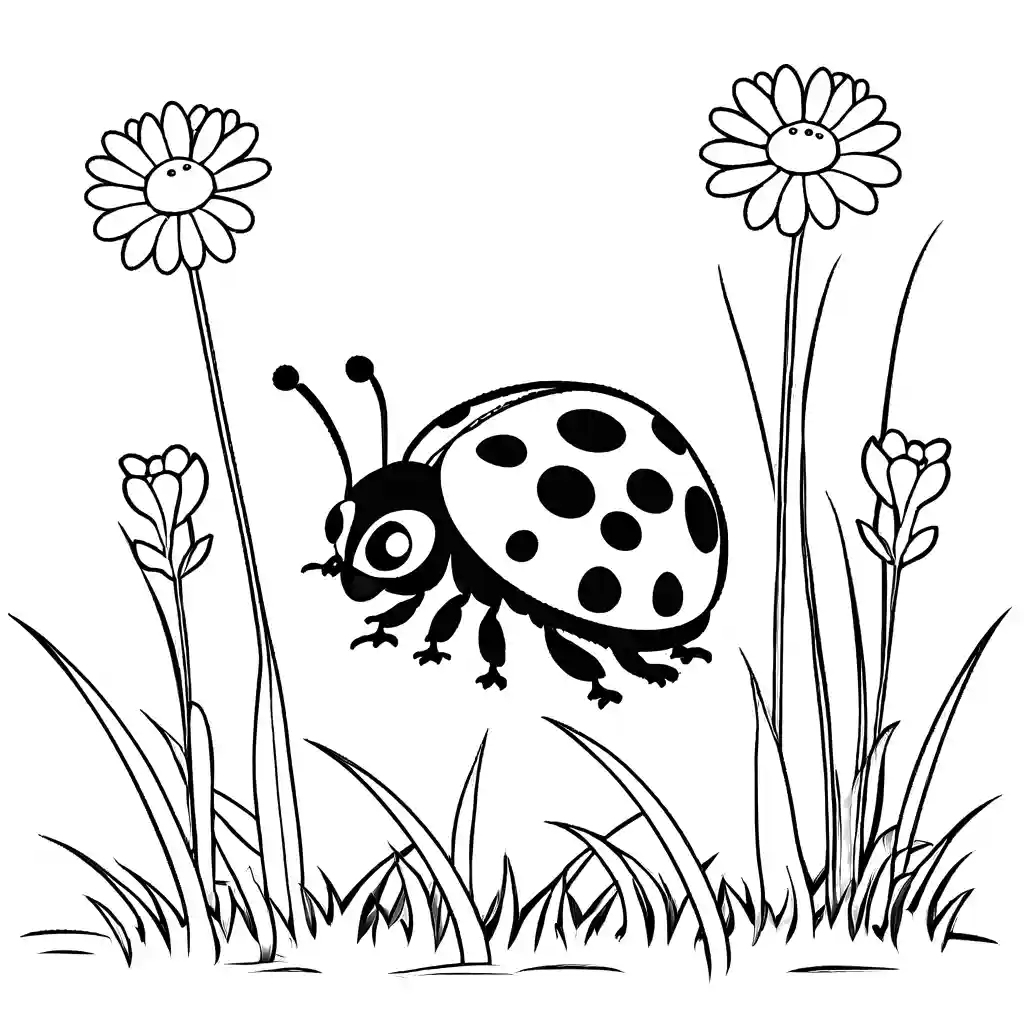 Adorable small red and black baby ladybug crawling on green grass and colorful flowers coloring page