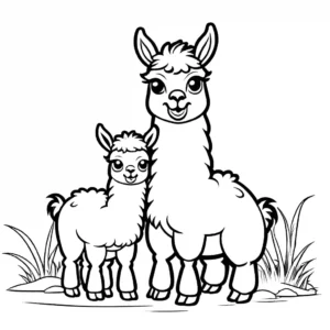 Adorable baby llama nuzzling its parent with heartwarming expression coloring page