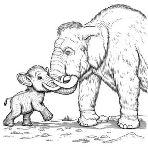 Cute baby mammoth coloring page with its mother in prehistoric setting coloring page