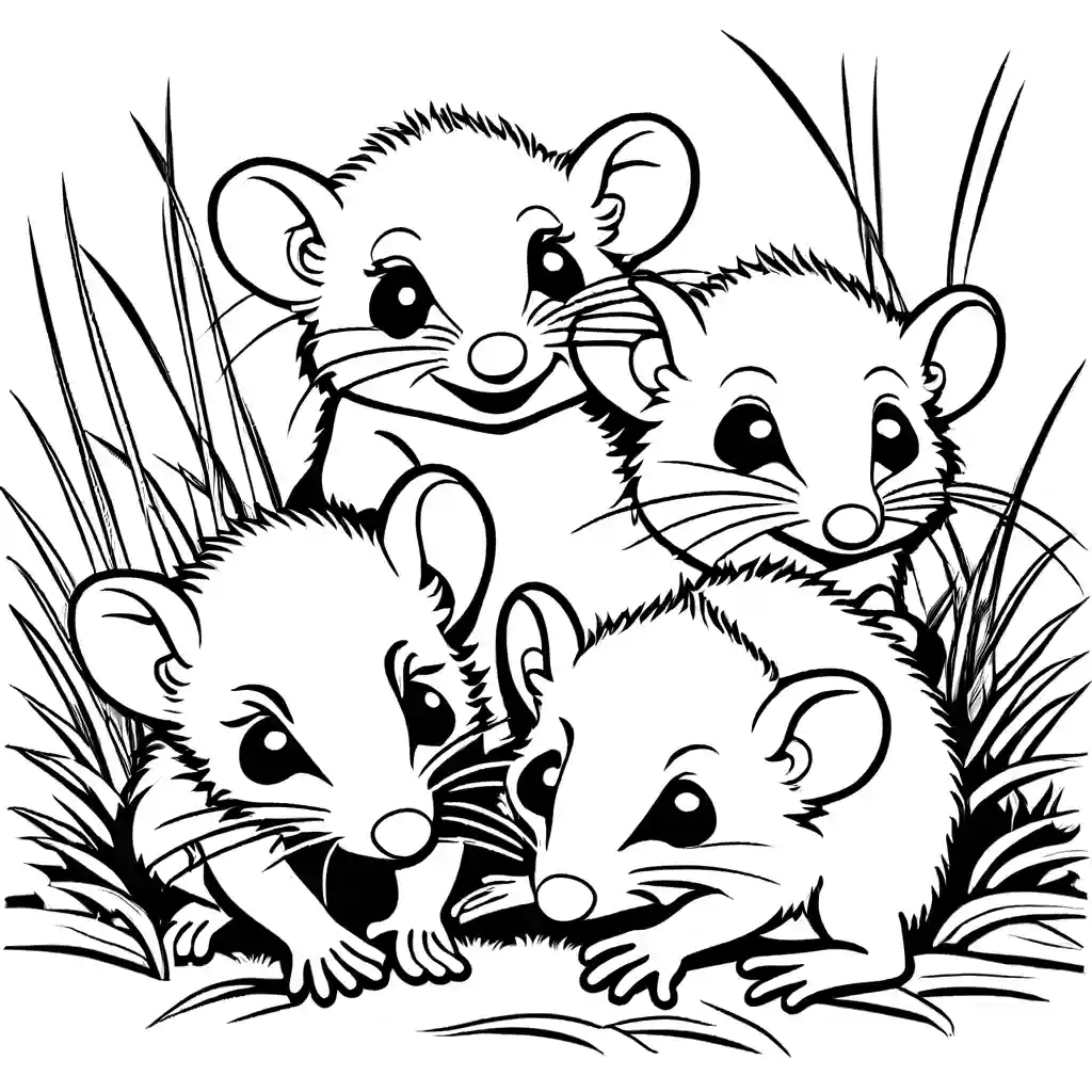 Group of adorable baby opossums playing in the grass on coloring page