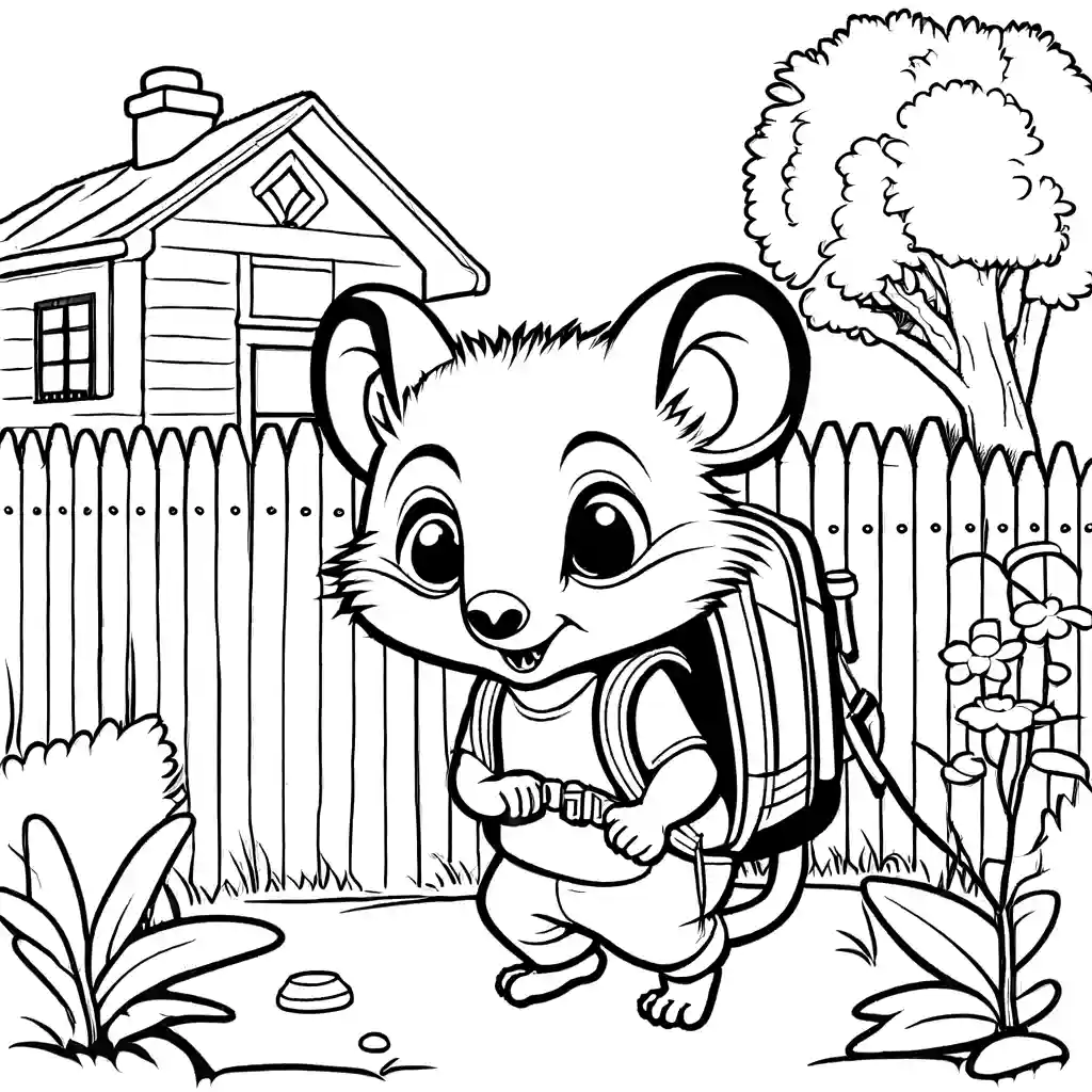 Curious opossum with a backpack investigating the backyard with interest coloring page