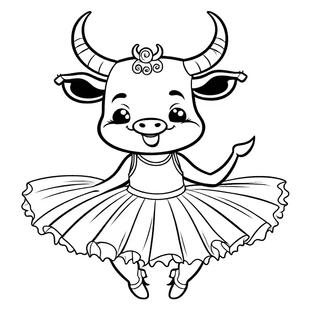 Bull wearing tutu and ballet shoes, dancing gracefully coloring page