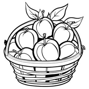 Basket of Peaches with Leaves Coloring Page