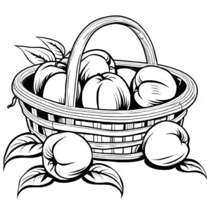 Basket of fresh peaches with leaves and stems coloring page