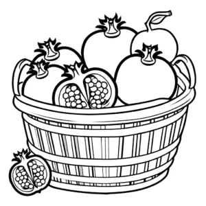 Basket of whole and halved pomegranates coloring page