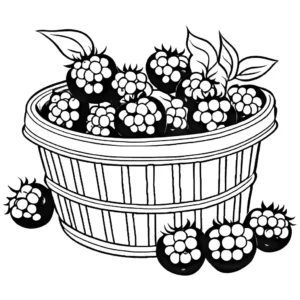 A wooden basket filled with ripe and plump blackberries coloring page