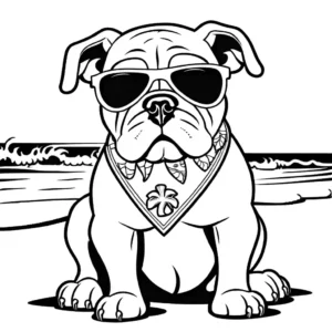 Bulldog with bandana and sunglasses on sunny beach coloring page
