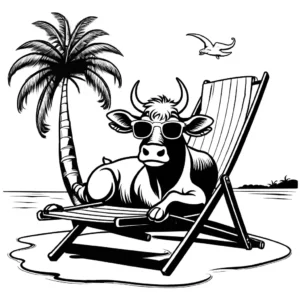 Amusing water buffalo lounging on a beach chair under a palm tree, wearing sunglasses and sipping a drink with a straw. coloring page
