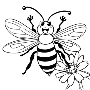 Bee with striped body gathering nectar from blooming flower for coloring page