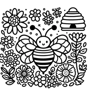 Bee surrounded by flowers and beehive in a coloring page