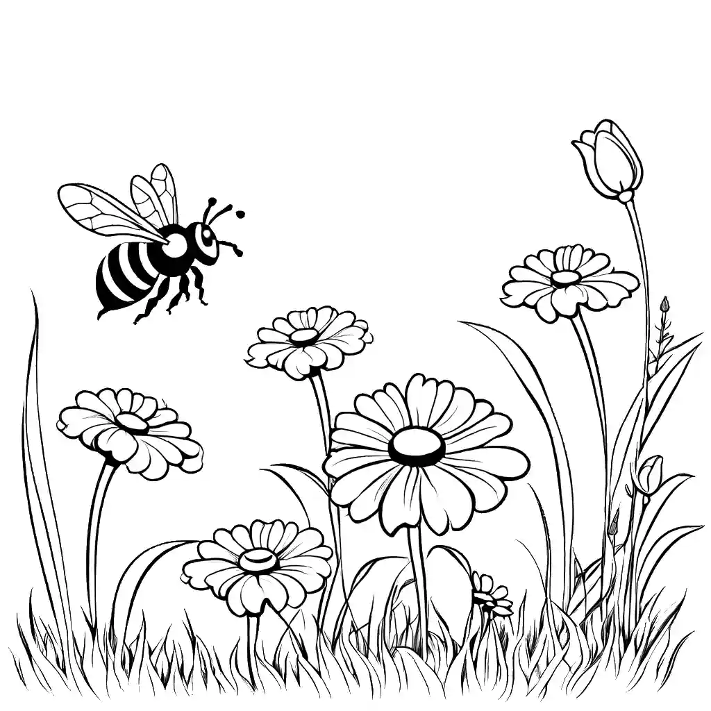 Bee flying over blooming flowers coloring page with vibrant sense of movement coloring page