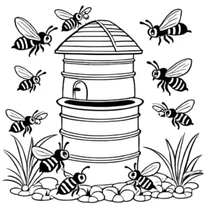 Swarm of bees buzzing around hive coloring page with sense of activity and cooperation coloring page