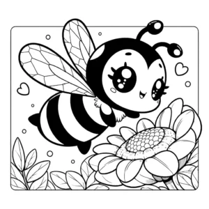 Bee flying over a flower in a line drawing coloring page