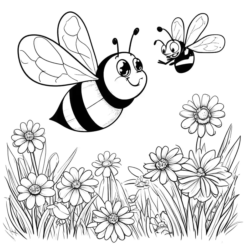Bee flying over flowers in garden coloring page