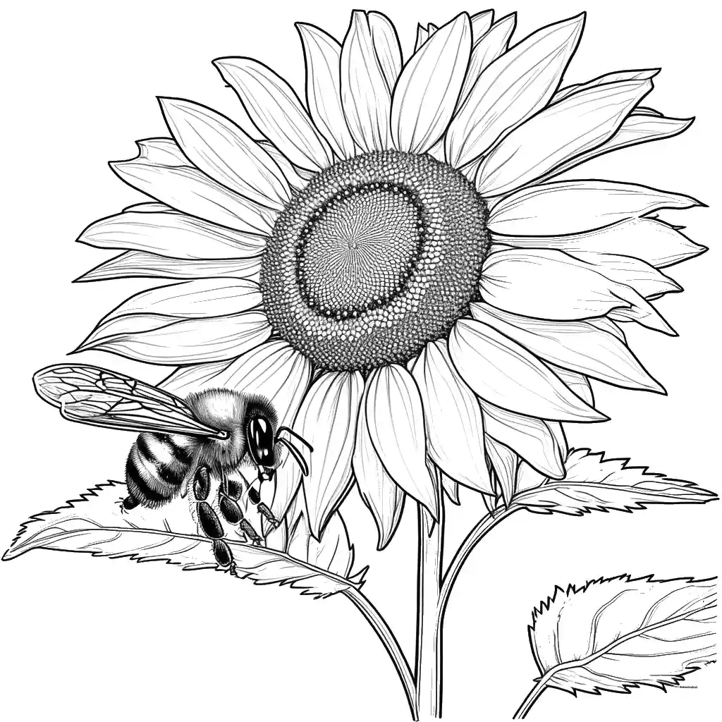 Bee gathering pollen from sunflower coloring page