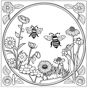 Bee in garden with mix of flowers, vegetables, and fruits coloring page showcasing diversity of bee's habitat coloring page