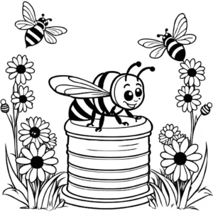 Beehive surrounded by flowers with bee sitting on top for coloring page