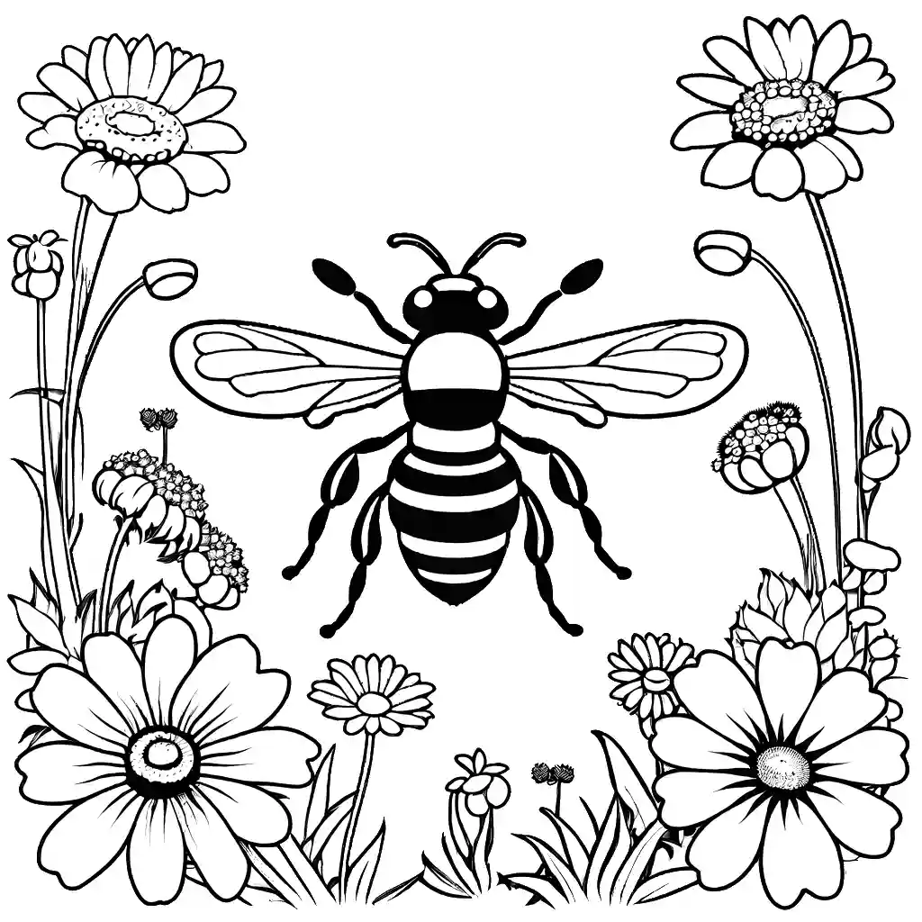 Bee with pollen grains surrounded by different flowering plants coloring page