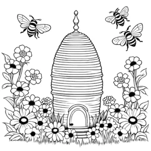 Beehive surrounded by blooming flowers coloring page