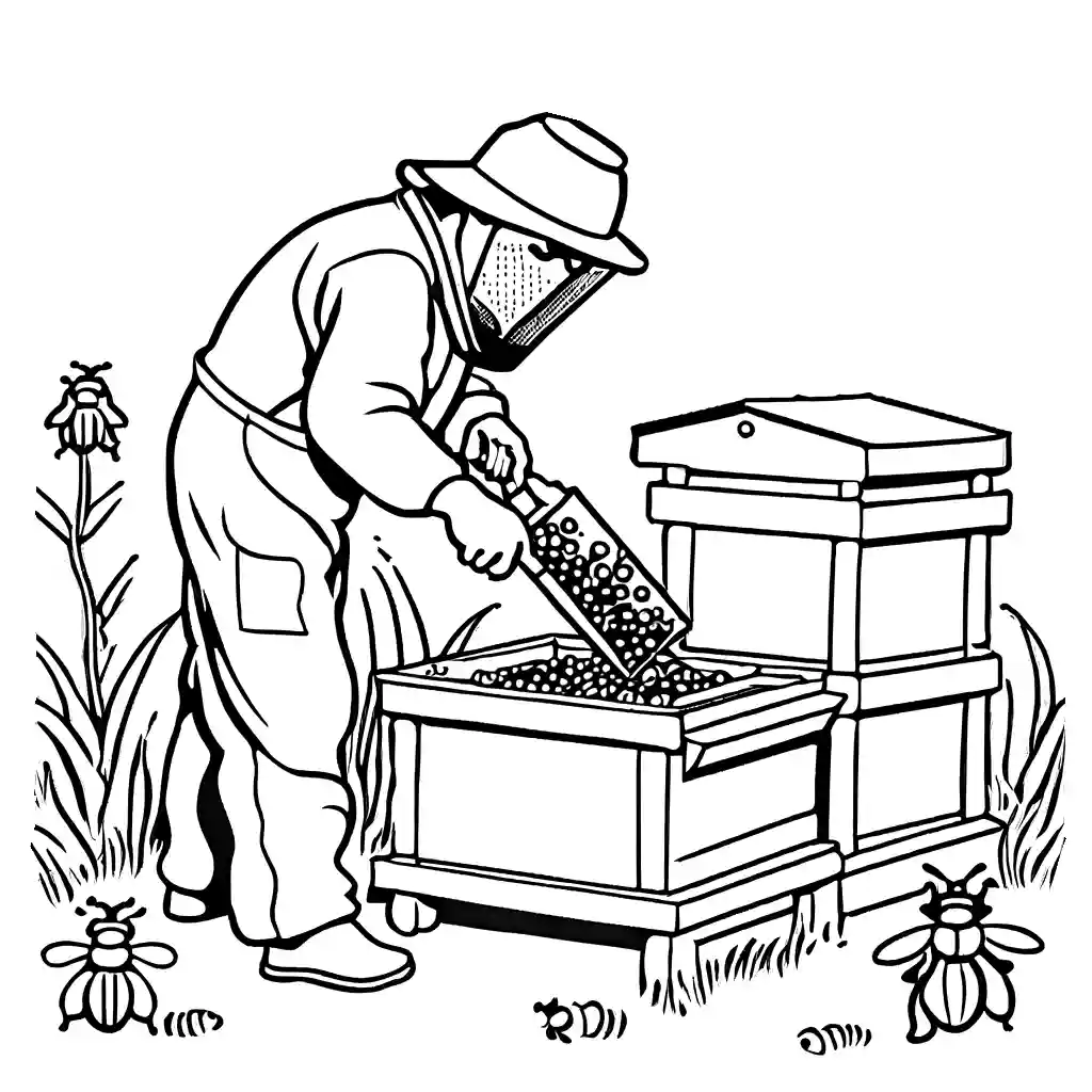 Beekeeper tending to beehive and caring for bees in an outline drawing coloring page