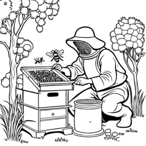 Beekeeper tending to hive and checking on bees in a hand-drawn illustration coloring page