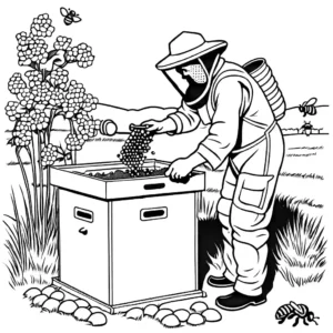 Beekeeper tending to beehive and collecting honey in an illustration coloring page