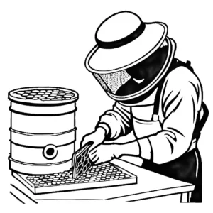 Beekeeper tending to beehive and working on honeycomb in a sketch coloring page