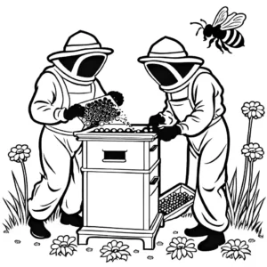 Beekeeper tending to beehive and bees in a coloring page