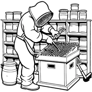 Beekeeper tending to hive with protective clothing and beekeeping tools coloring page