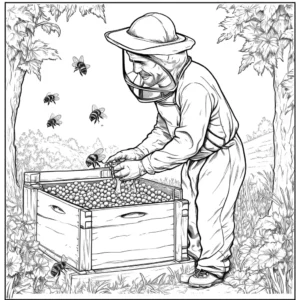 Beekeeper inspecting honey production in bee hive coloring page