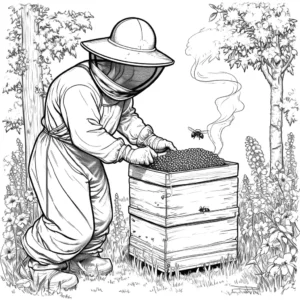 Beekeeper harvesting honey from bee hive with smoker coloring page